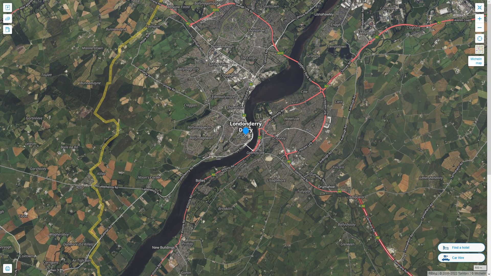 Derry Royaume Uni Autoroute et carte routiere avec vue satellite